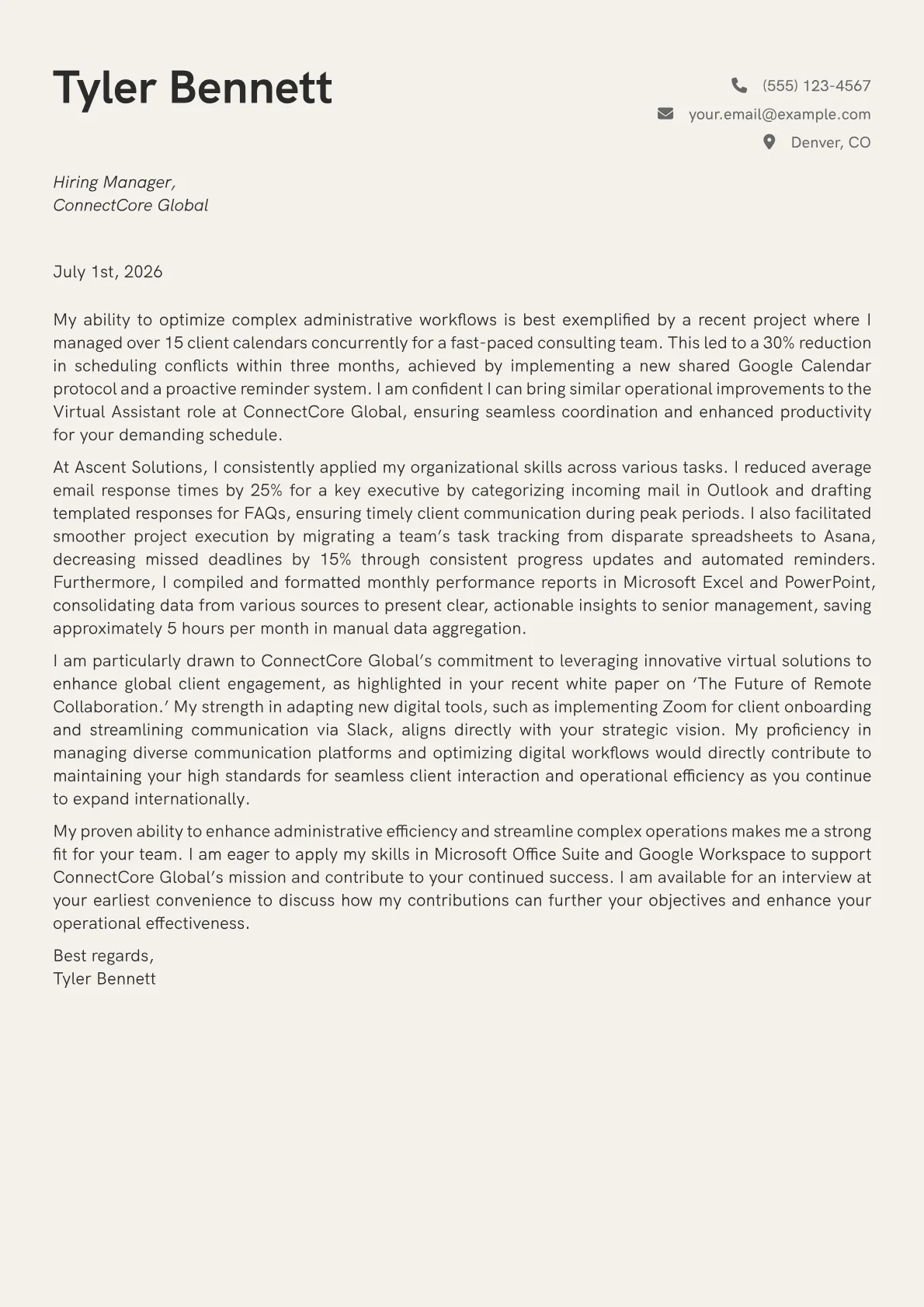 Virtual Assistant cover letter formatted with a JobSprout template