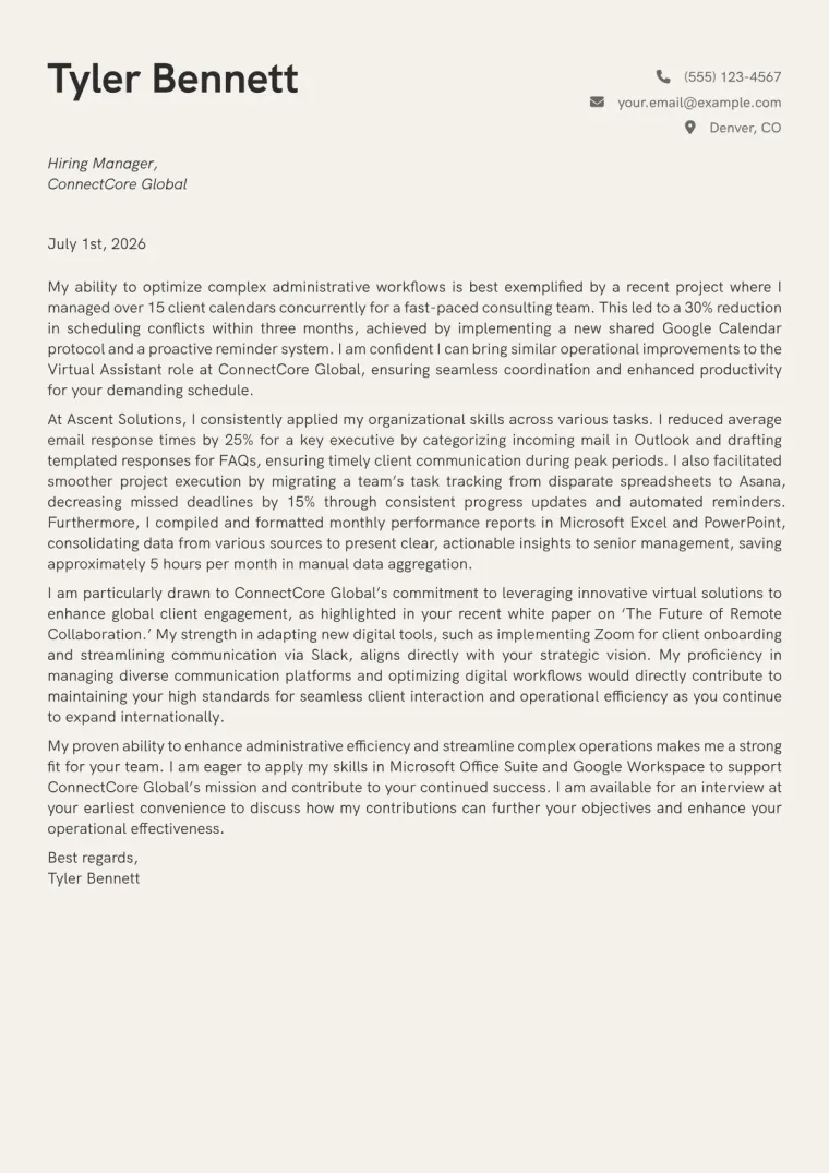 Virtual Assistant Cover Letter Example