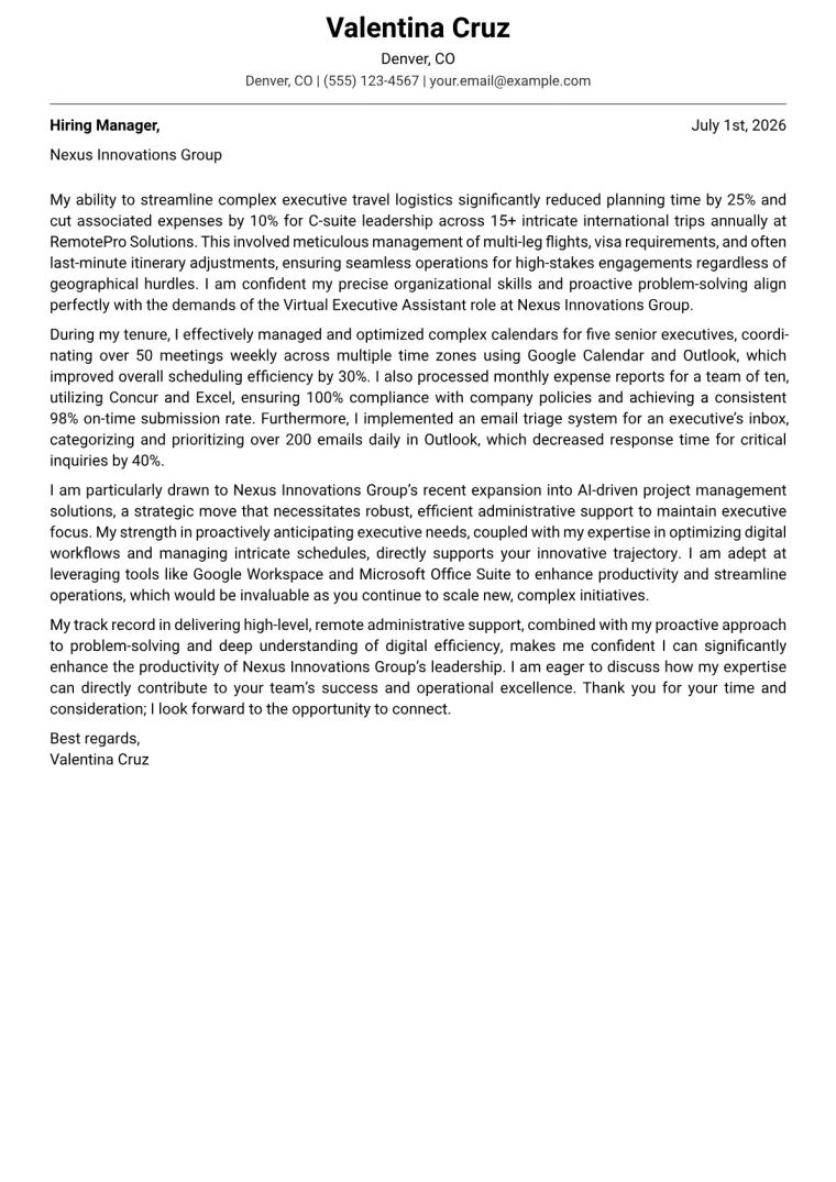 Virtual Executive Assistant cover letter example preview