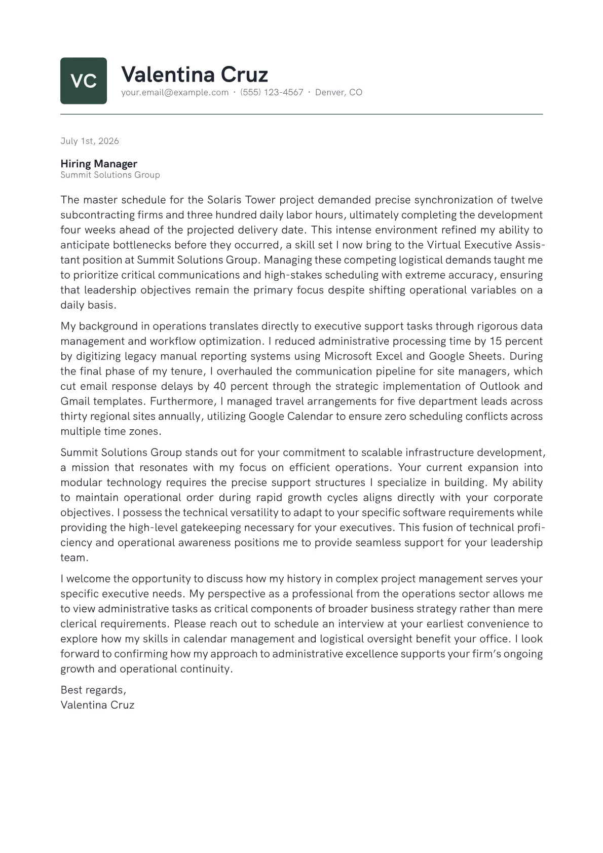 Virtual Executive Assistant cover letter in the Emblem design