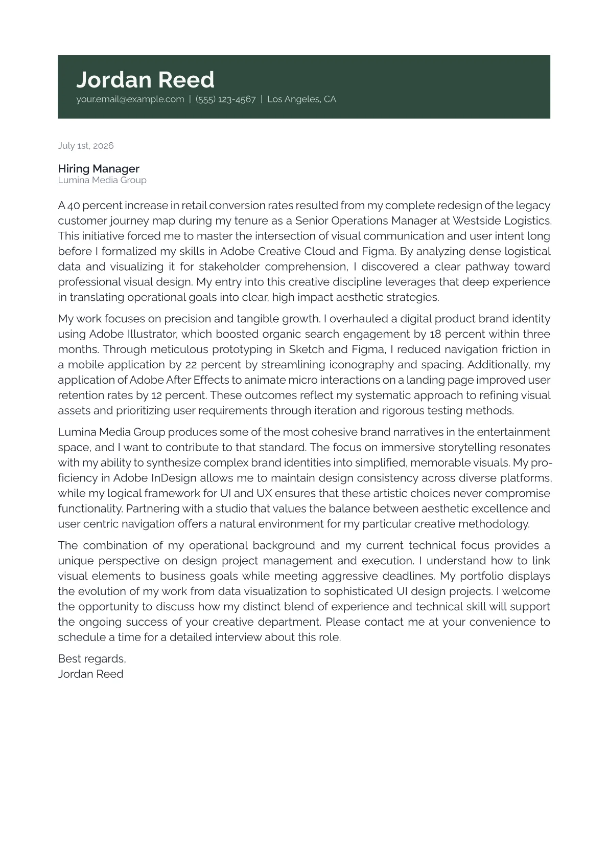 Visual Designer cover letter in the Banner design