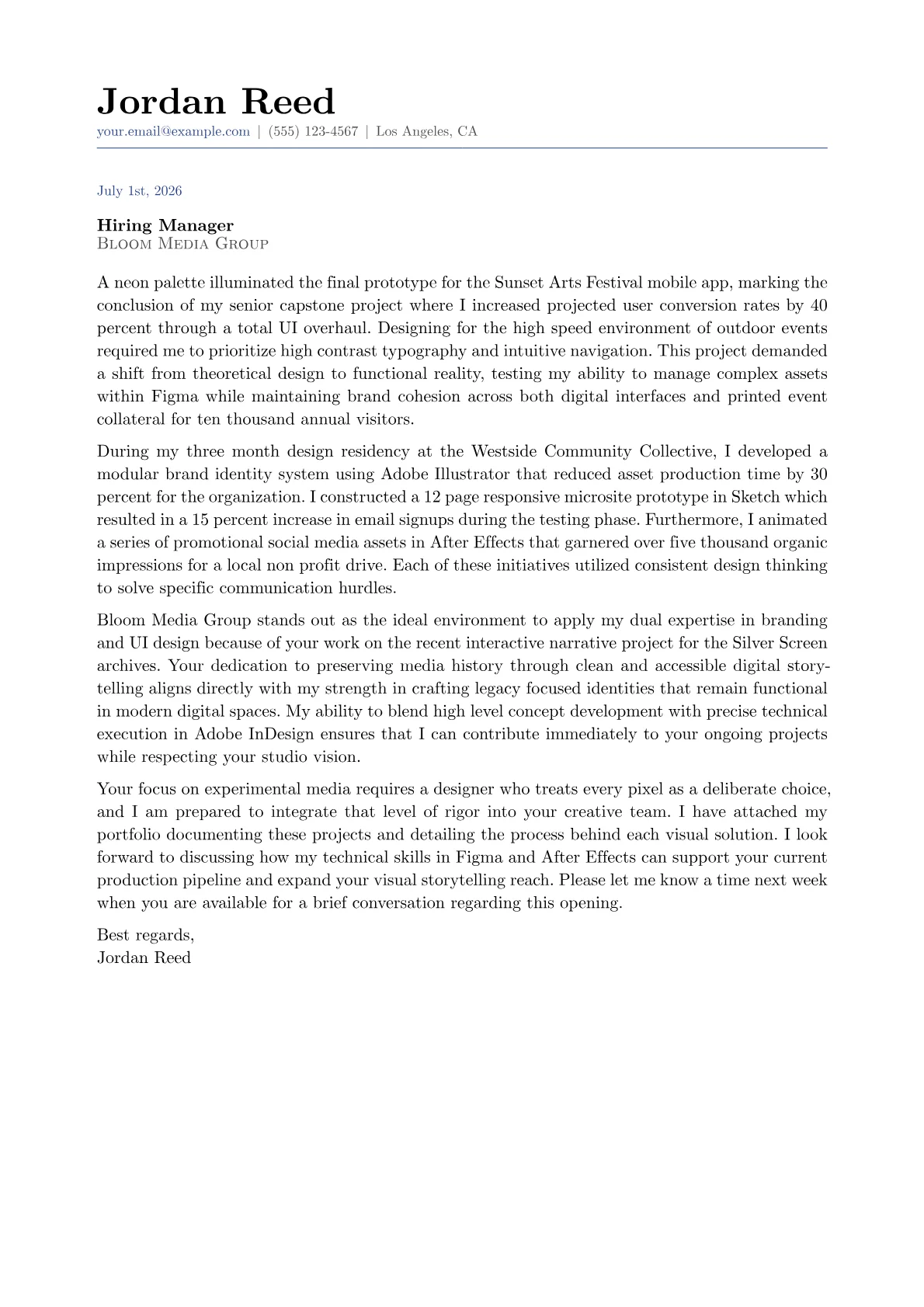 Visual Designer cover letter in the Classic design