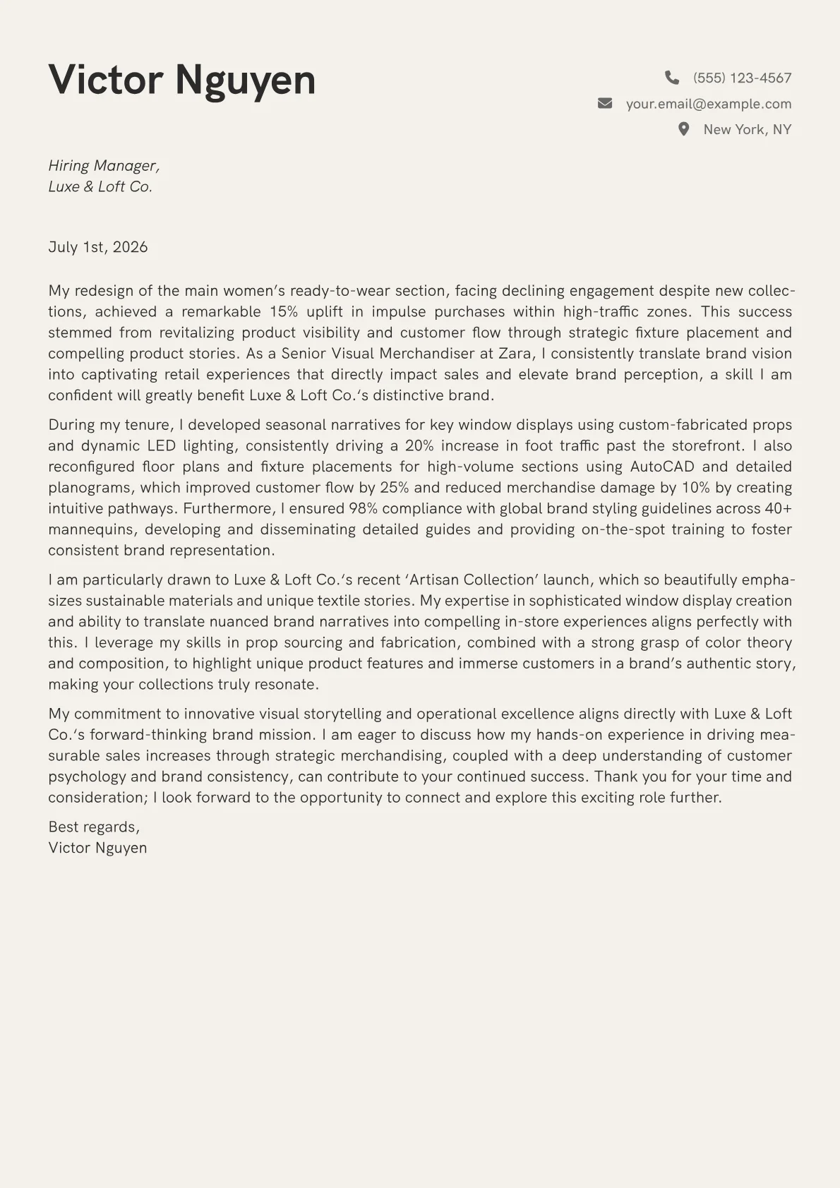 Visual Merchandiser cover letter formatted with a JobSprout template