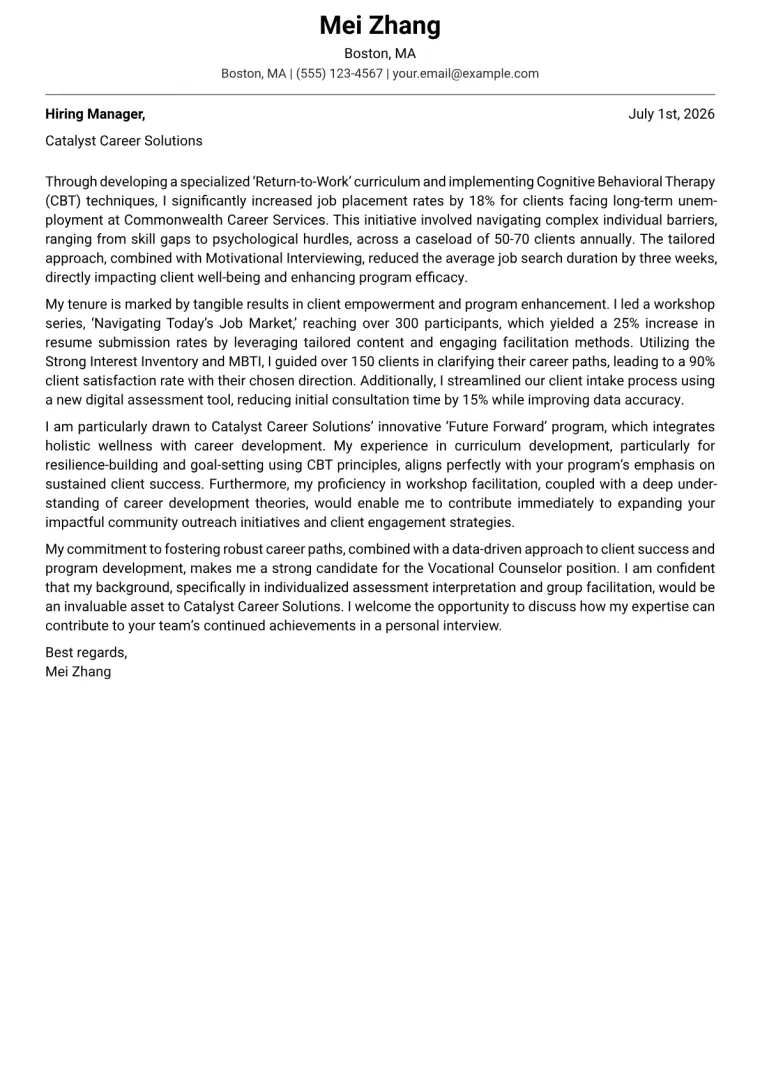 Vocational Counselor cover letter example preview