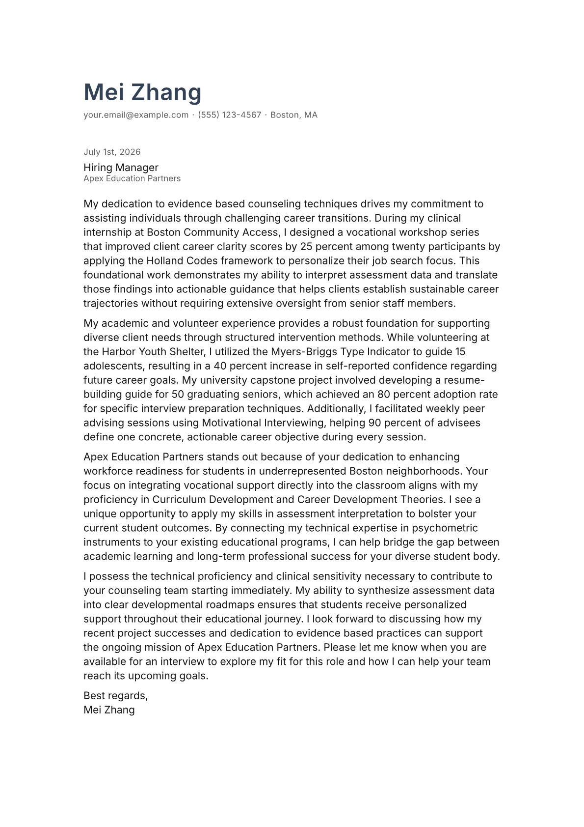 Vocational Counselor cover letter in the Minimal design