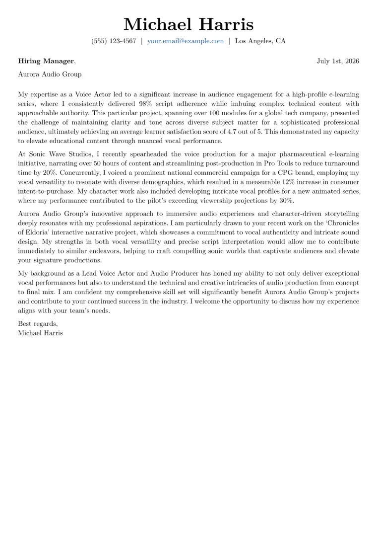 Voice Actor cover letter example