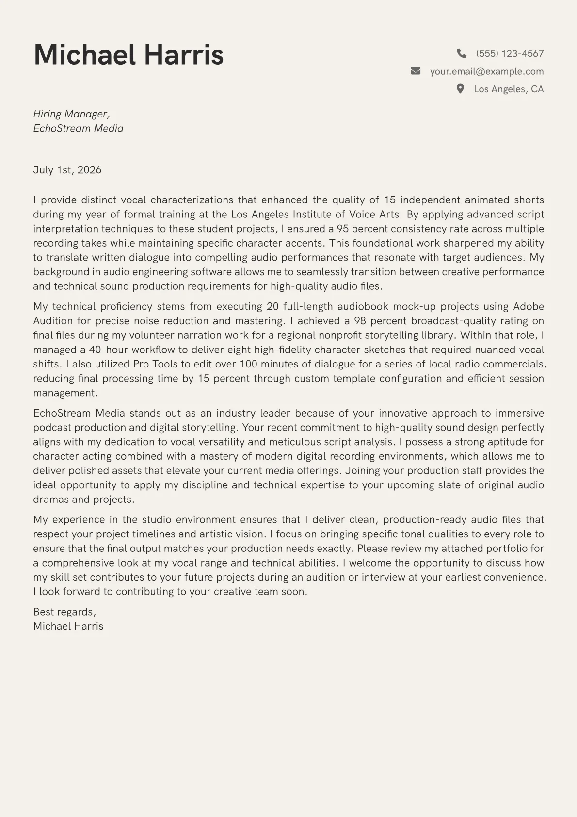 Voice Actor cover letter in the Creative design