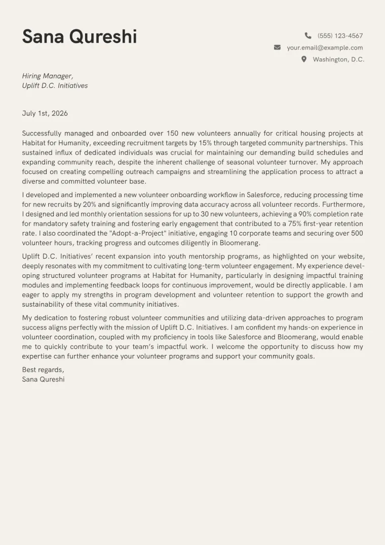 Volunteer Coordinator Cover Letter Example