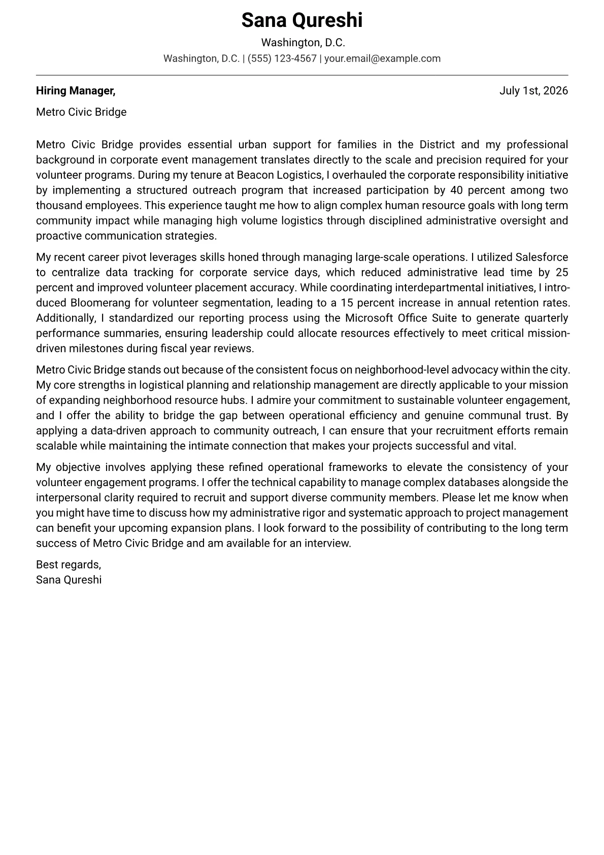 Volunteer Coordinator cover letter in the Modern design