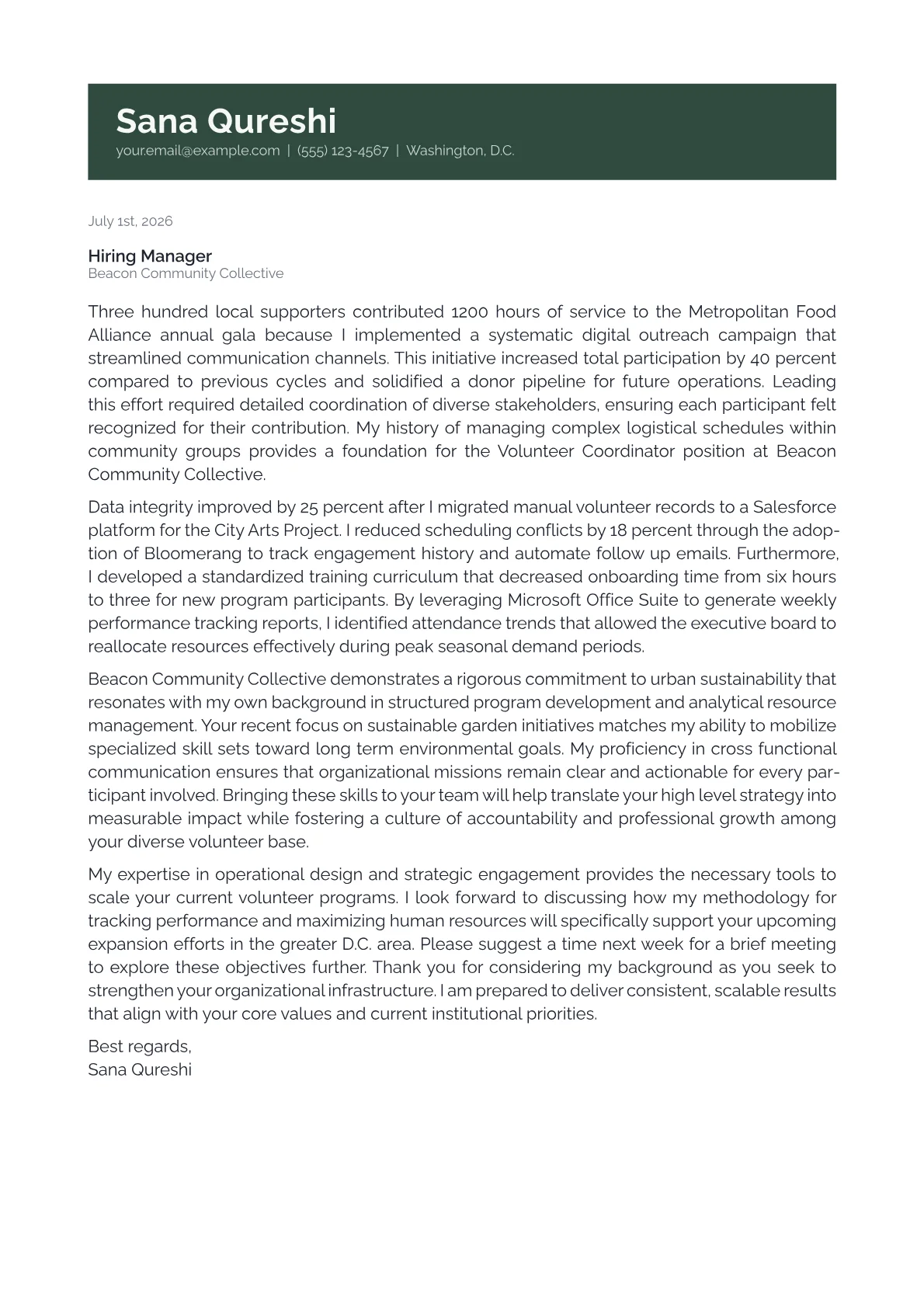 Volunteer Coordinator cover letter in the Banner design