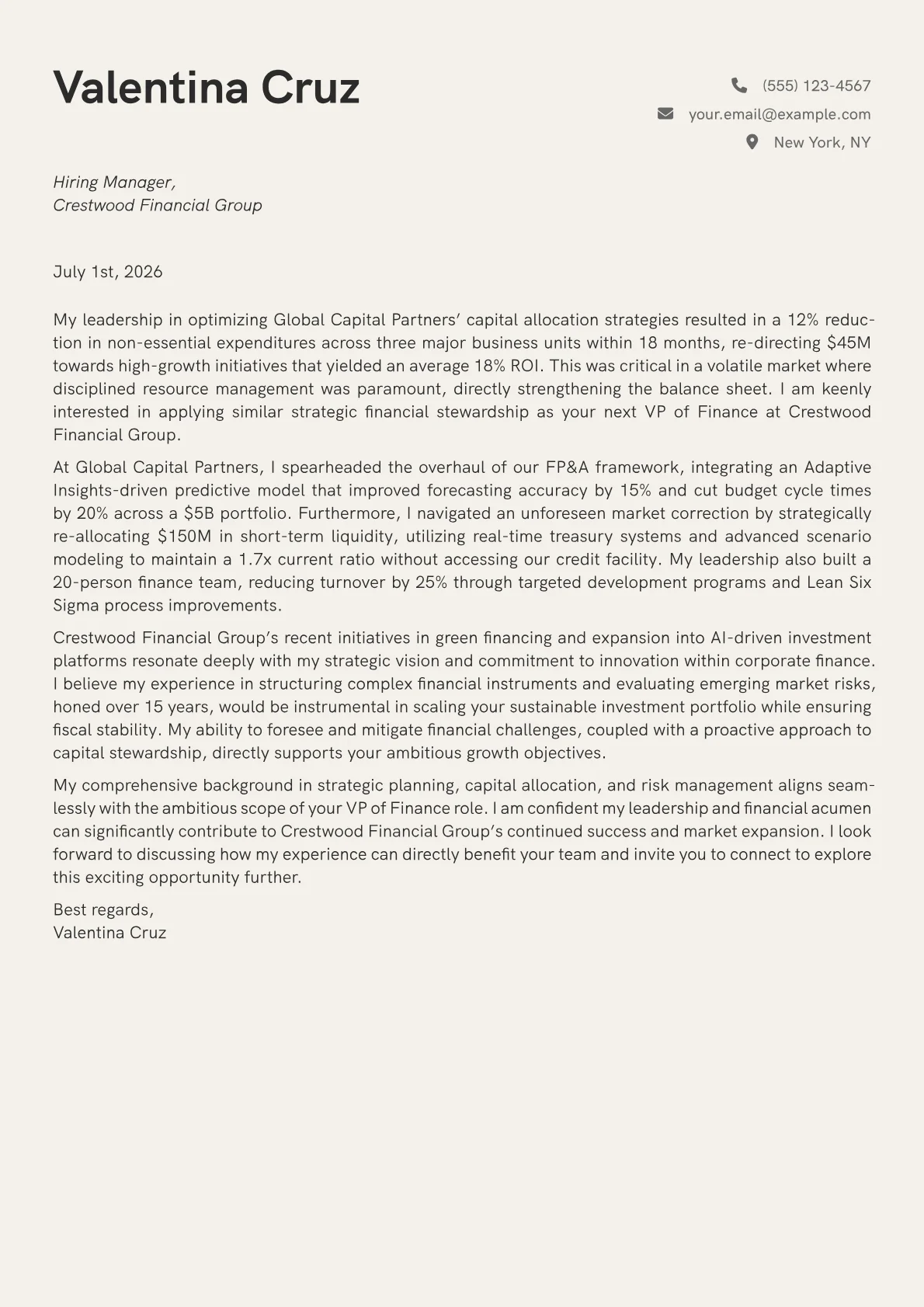 VP of Finance cover letter formatted with a JobSprout template
