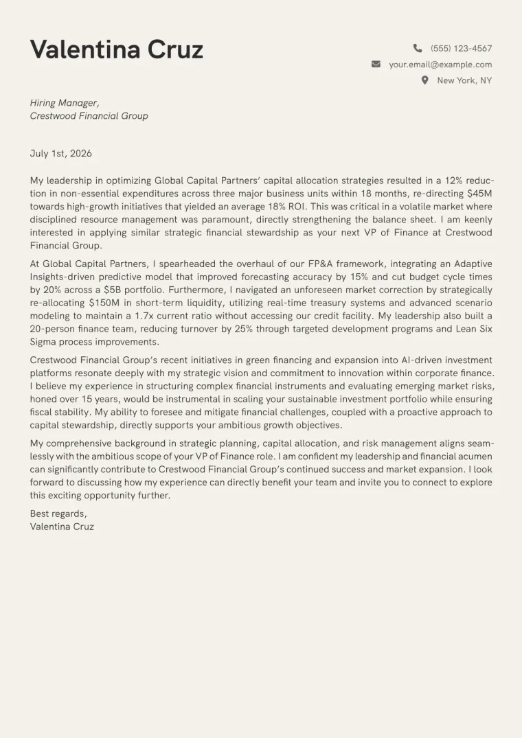 VP of Finance cover letter example preview