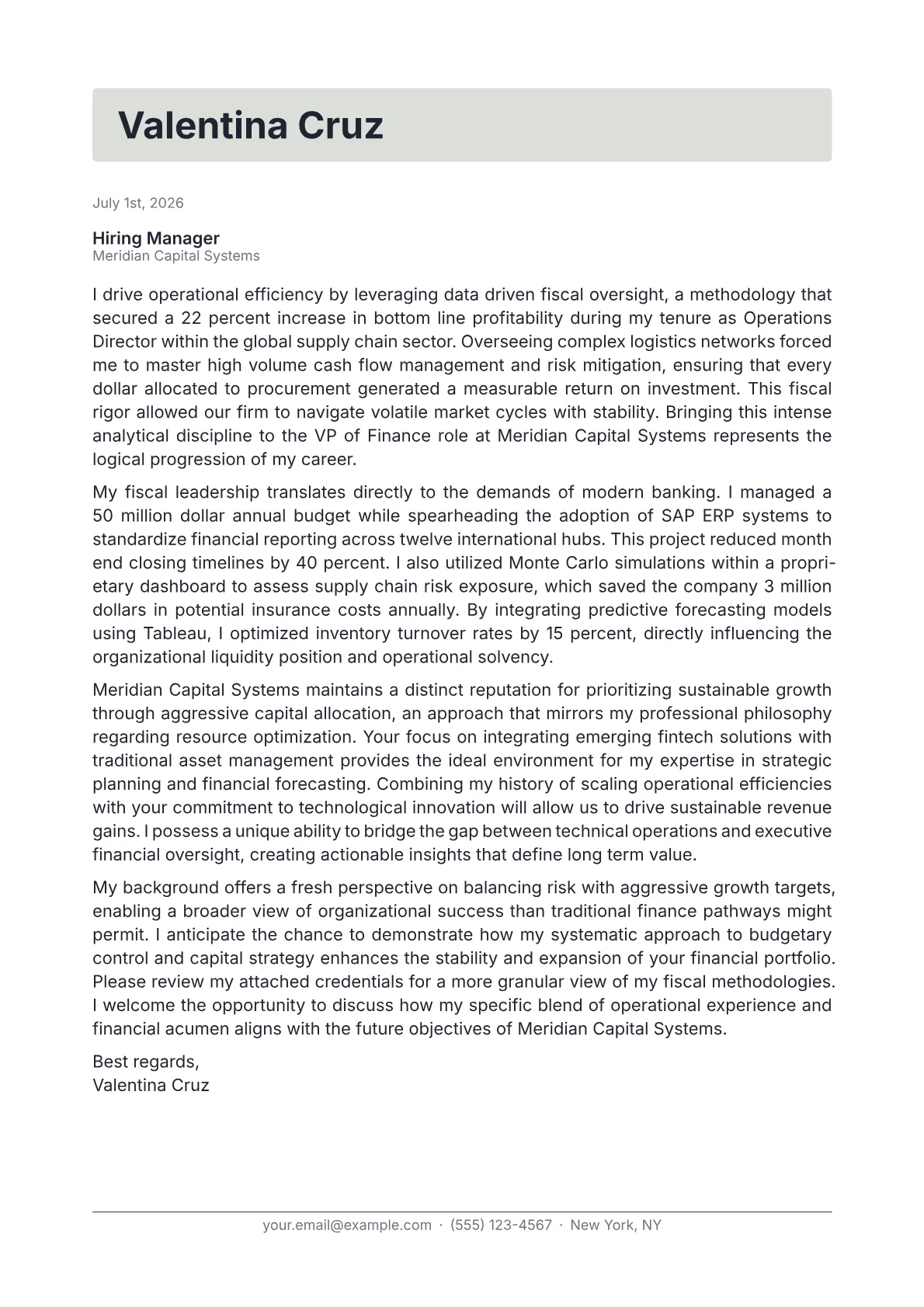 VP of Finance cover letter in the Letterhead design