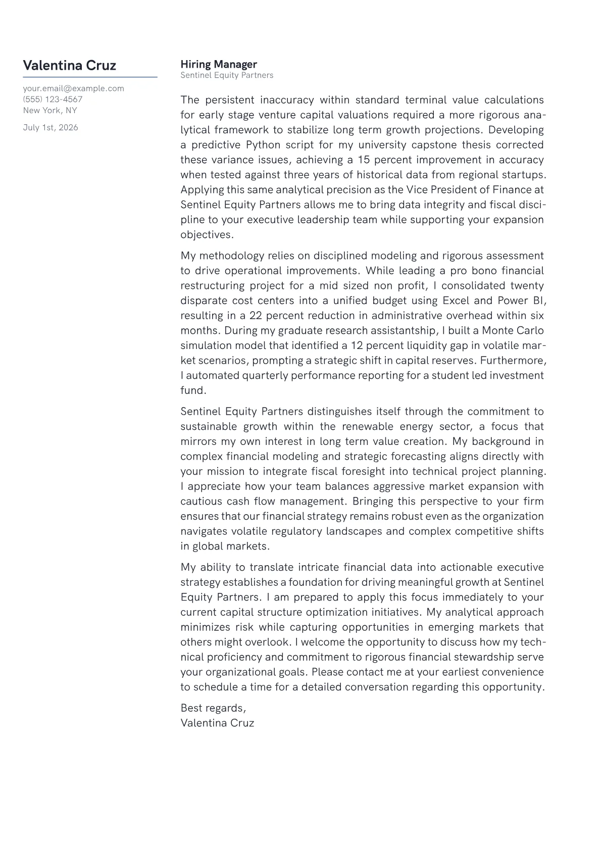 VP of Finance cover letter in the Margin design
