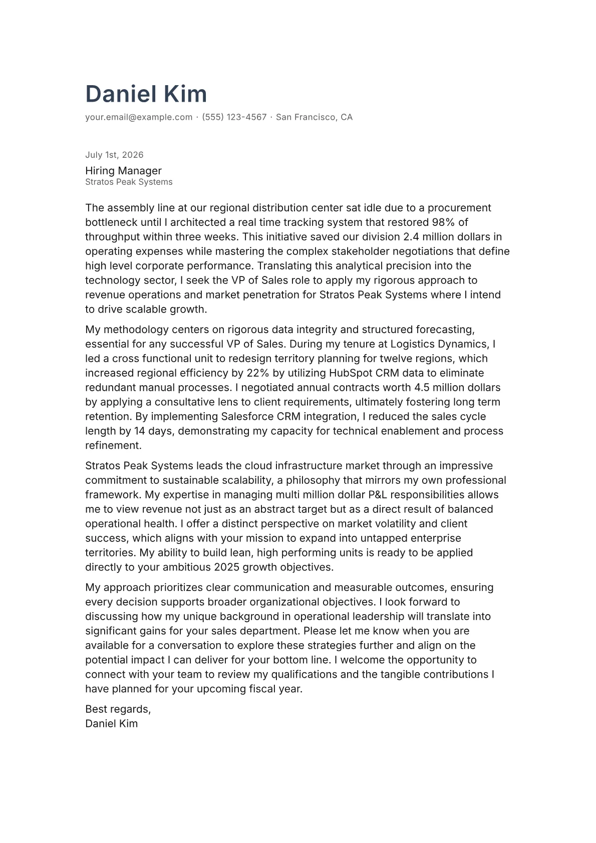 VP of Sales cover letter in the Minimal design