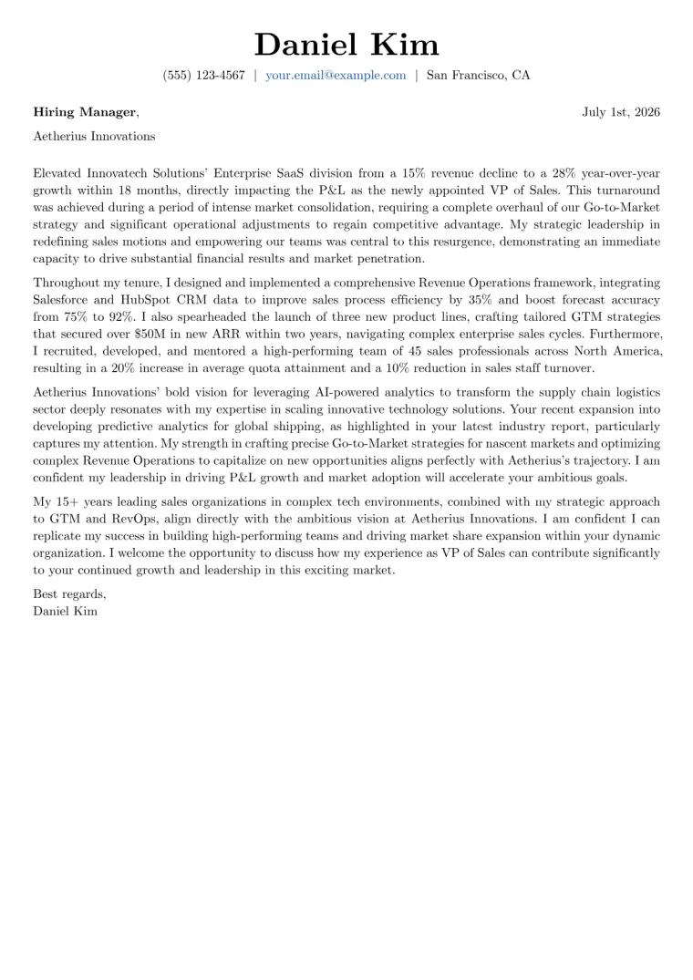 VP of Sales cover letter example preview