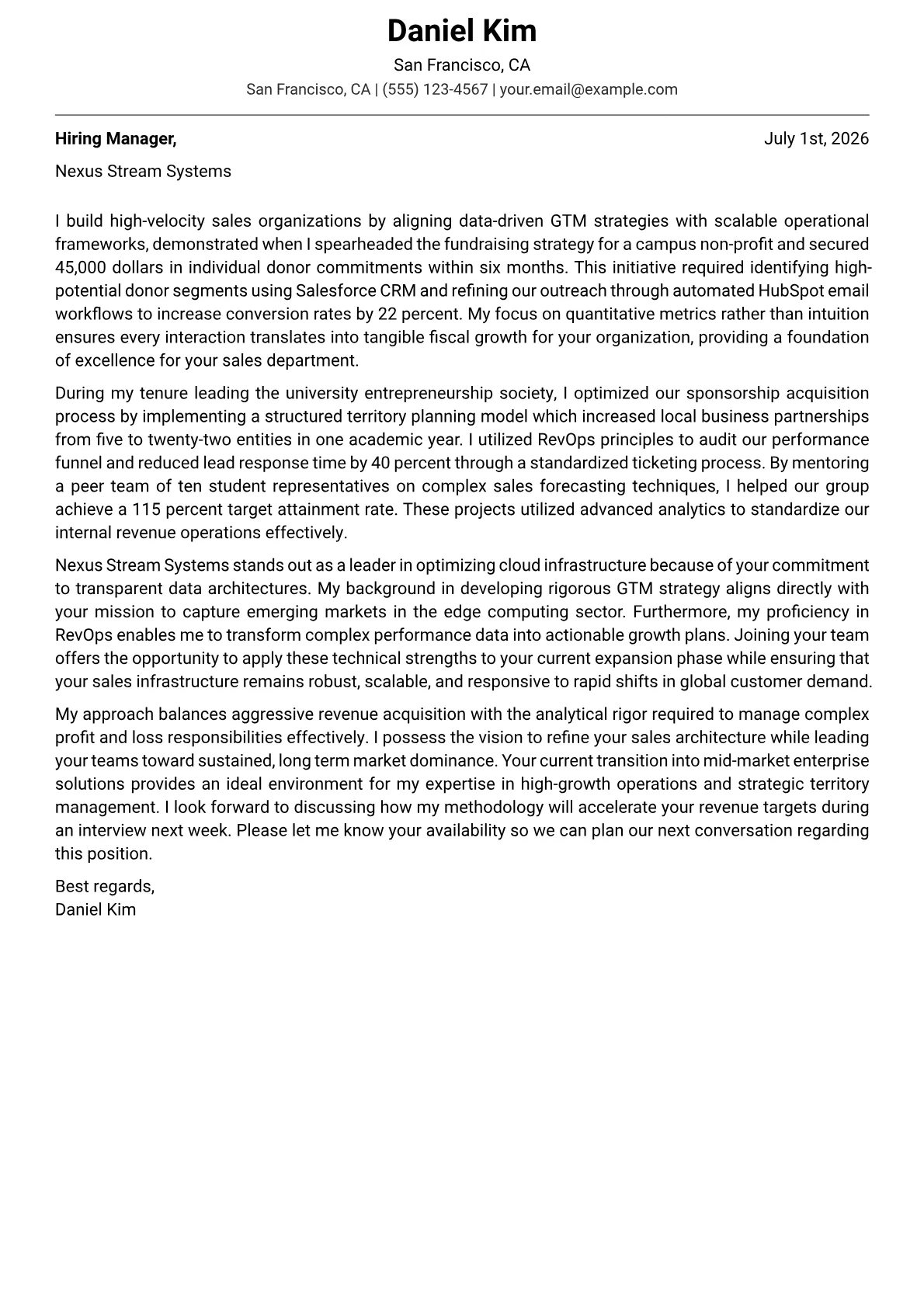 VP of Sales cover letter in the Modern design
