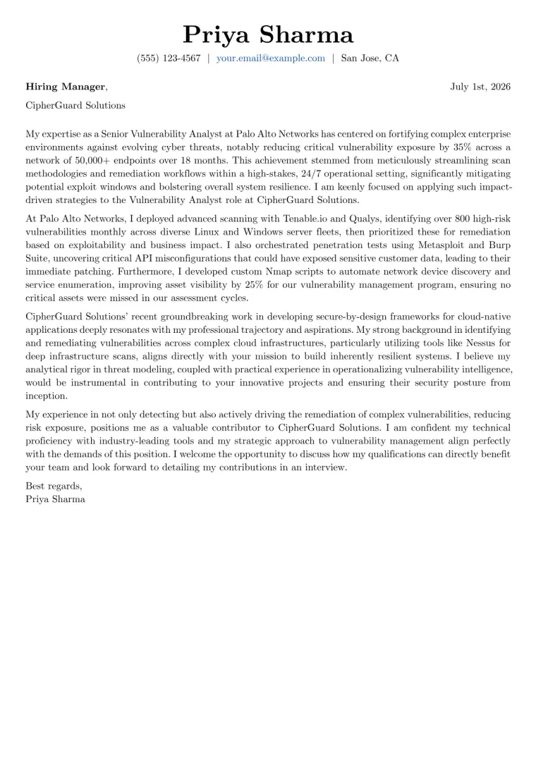 Vulnerability Analyst Cover Letter Example + Template (2026)