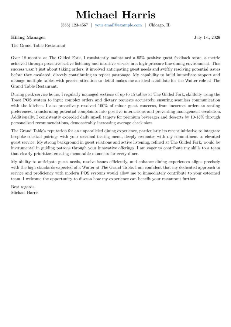 Waiter Cover Letter Example