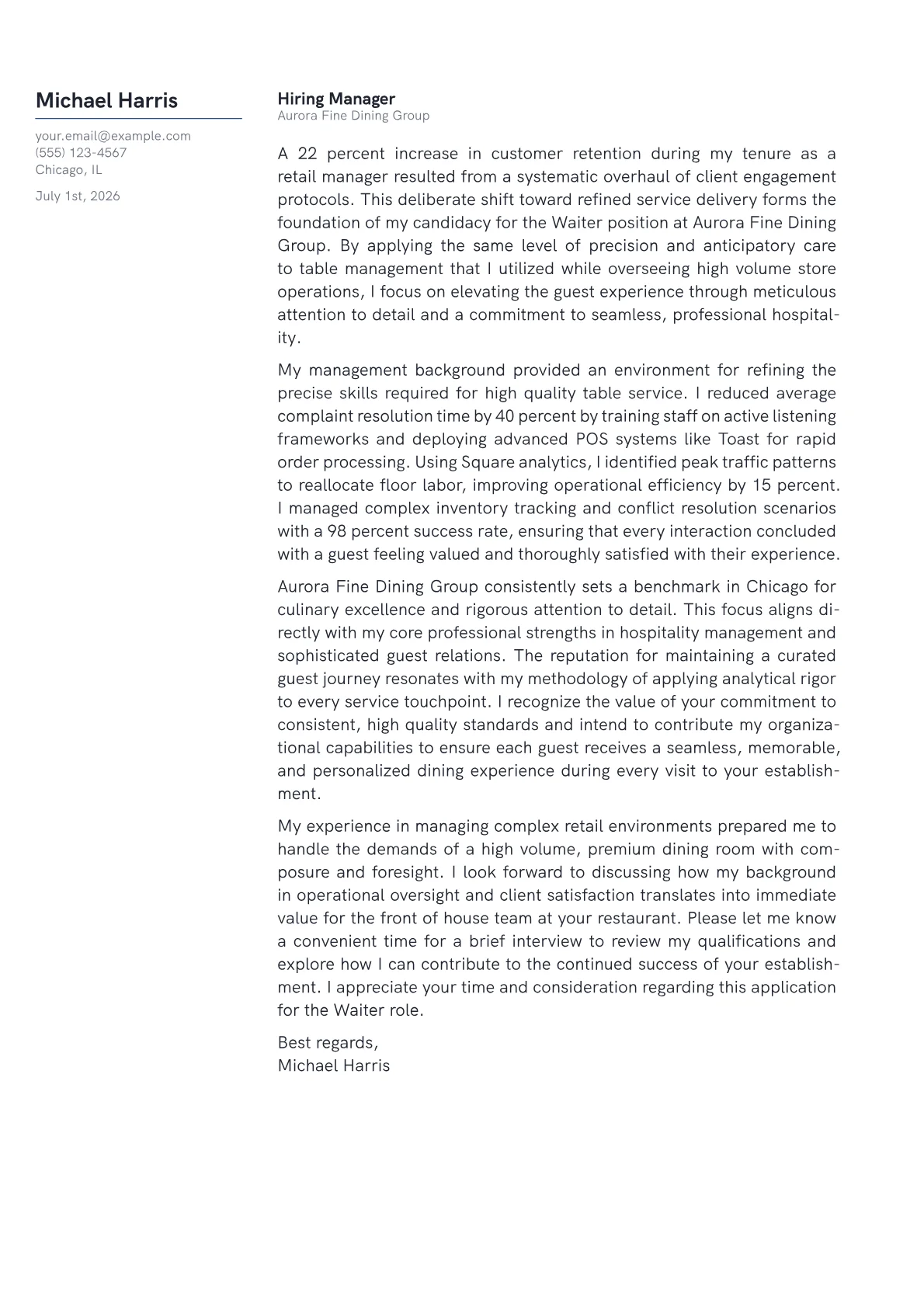 Waiter cover letter in the Margin design