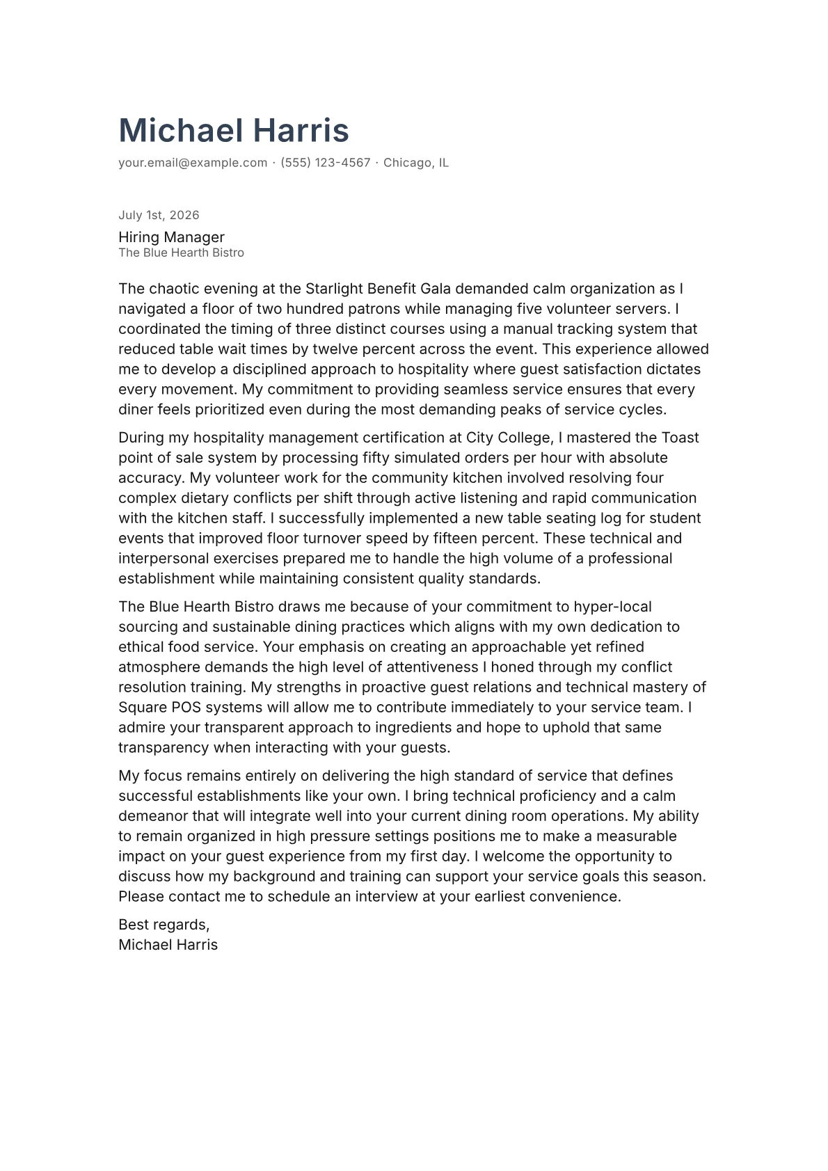 Waiter cover letter in the Minimal design