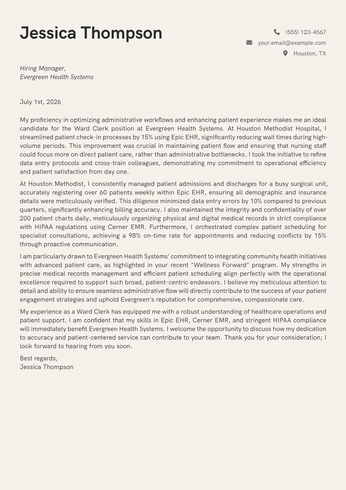 Ward Clerk cover letter formatted with a JobSprout template