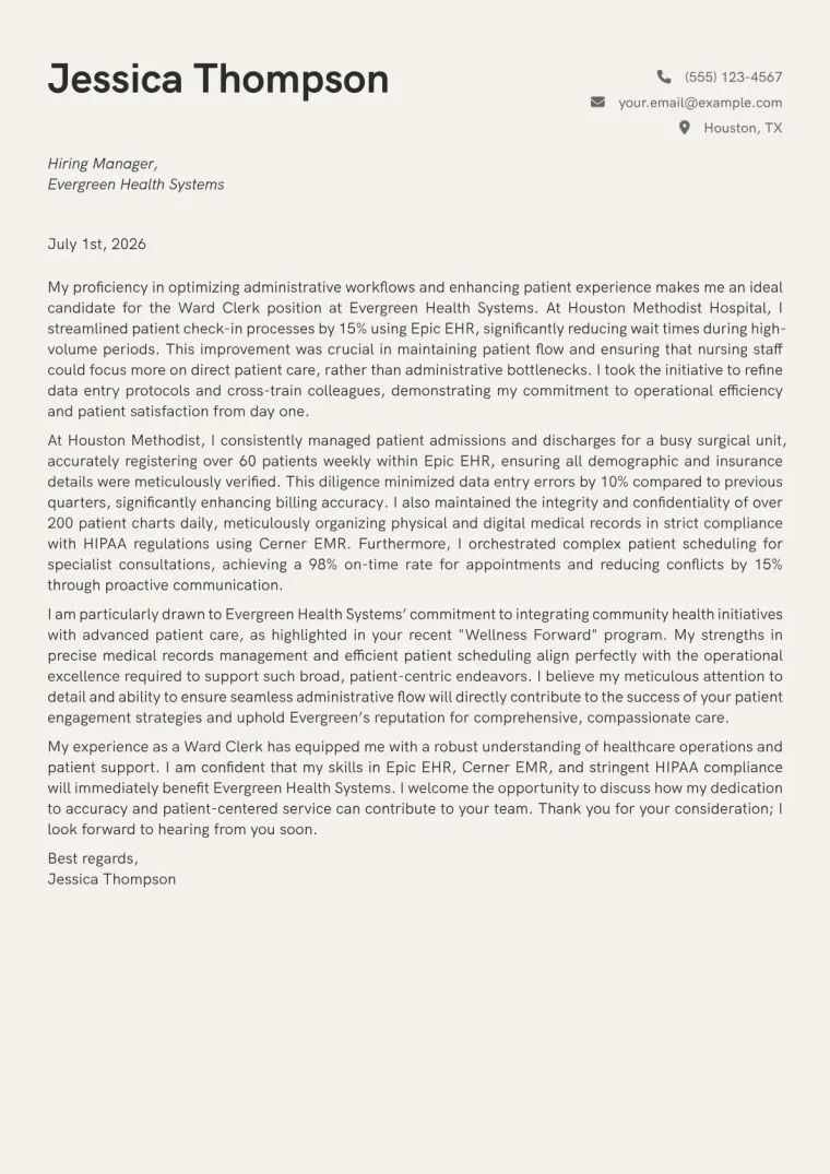 Ward Clerk Cover Letter Example