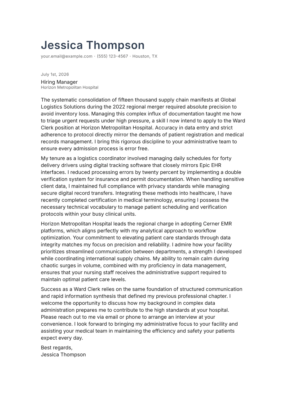 Ward Clerk cover letter in the Minimal design