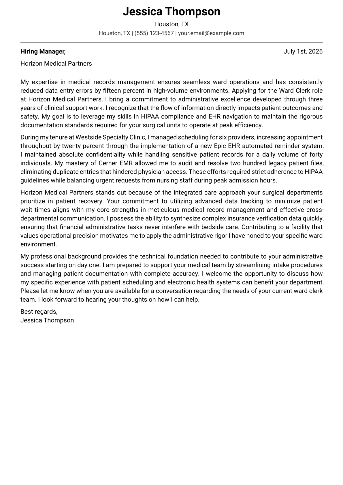 Ward Clerk cover letter in the Modern design
