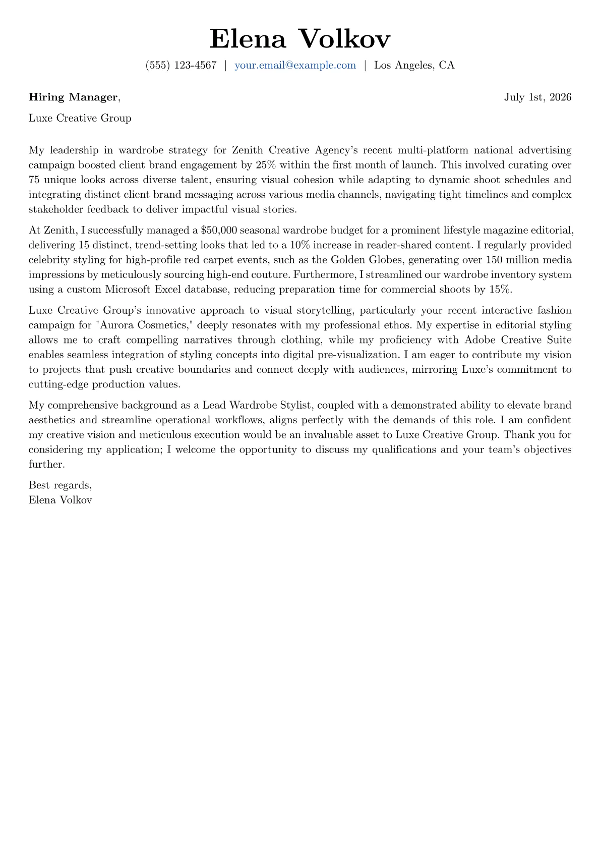 Wardrobe Stylist cover letter formatted with a JobSprout template