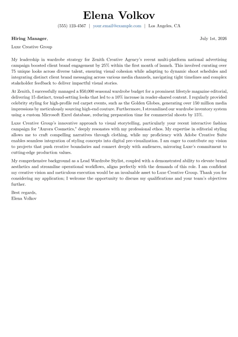 Wardrobe Stylist Cover Letter Example