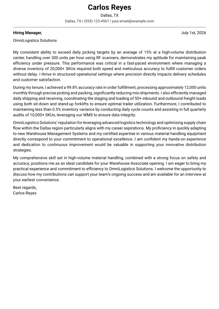 Warehouse Associate Cover Letter Example