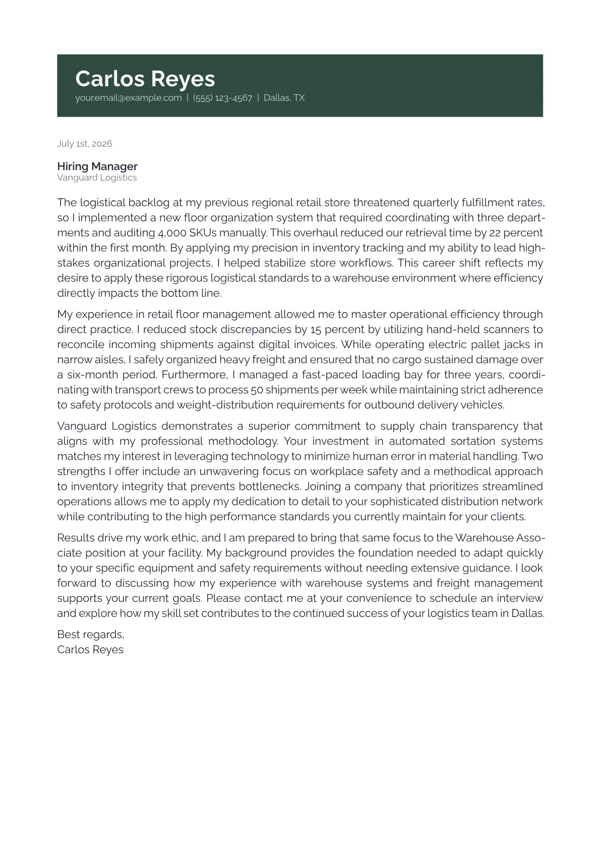 Warehouse Associate cover letter in the Banner design