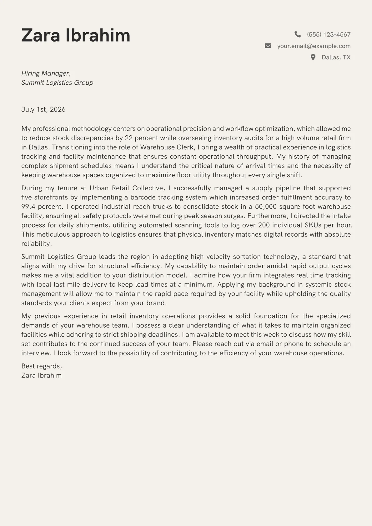 Warehouse Clerk cover letter in the Creative design