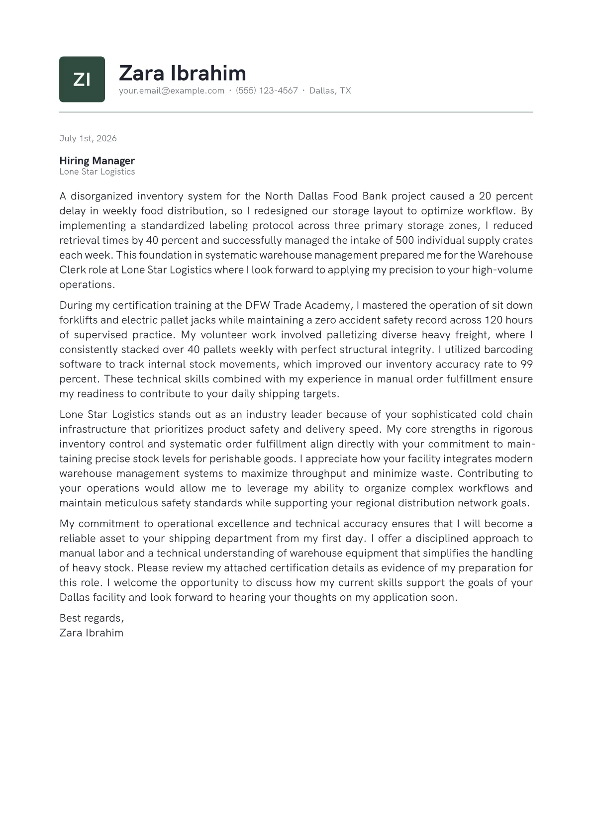 Warehouse Clerk cover letter in the Emblem design