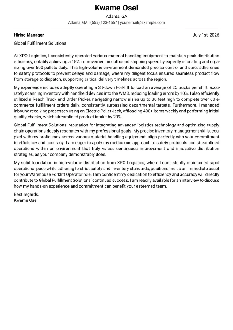 Warehouse Forklift Operator cover letter example preview