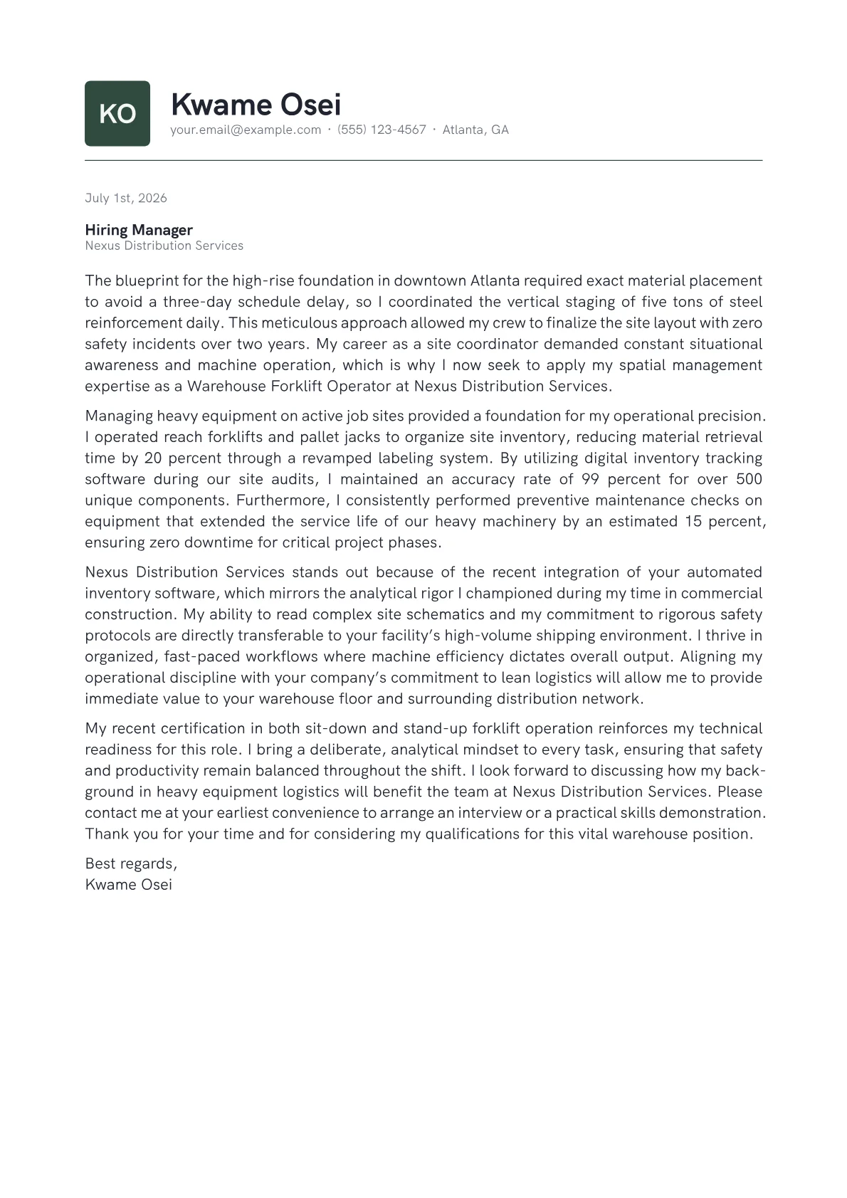 Warehouse Forklift Operator cover letter in the Emblem design
