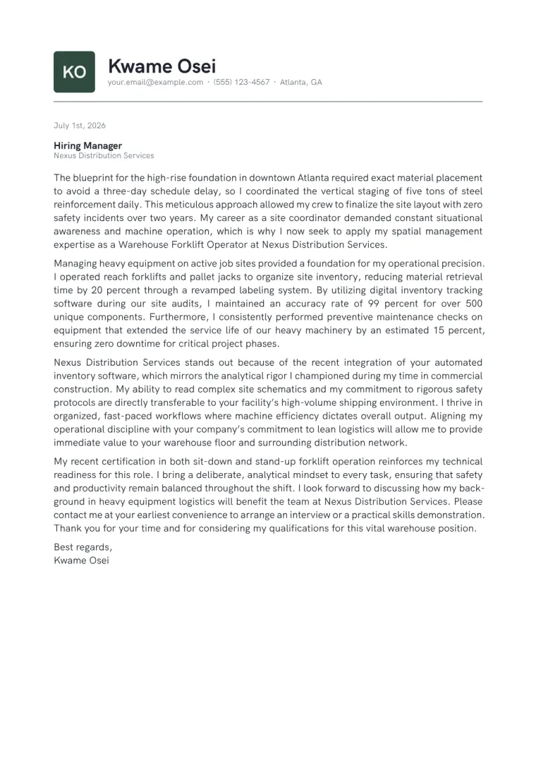 Warehouse Forklift Operator cover letter for a career changer