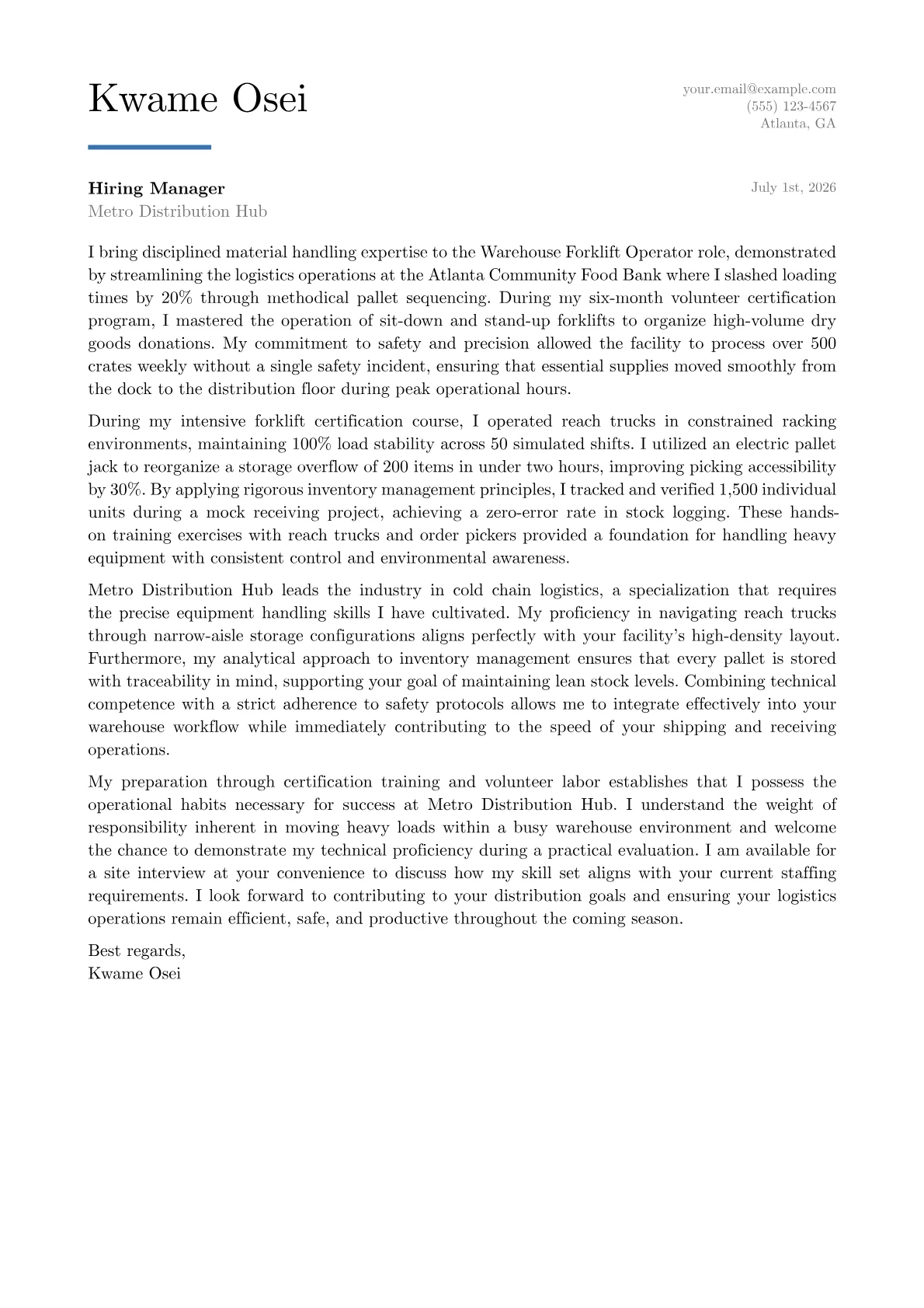 Warehouse Forklift Operator cover letter in the Executive design