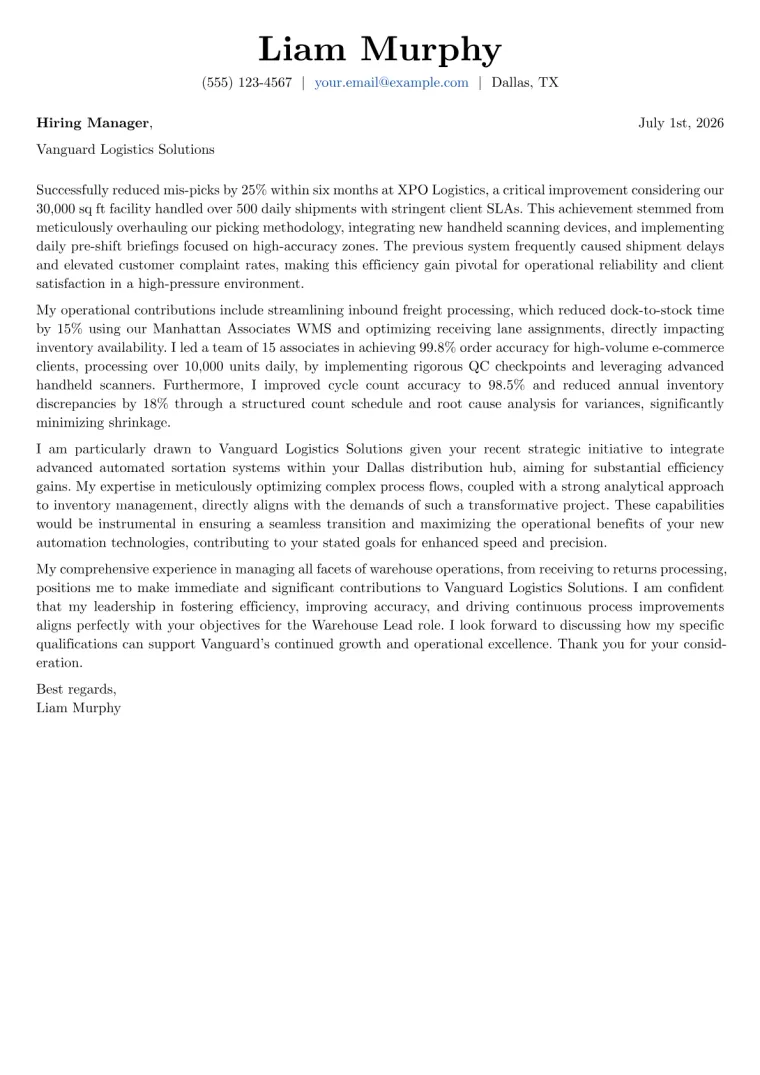 Warehouse Lead cover letter example preview
