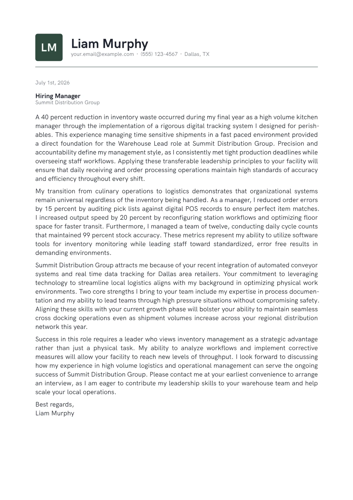 Warehouse Lead cover letter in the Emblem design