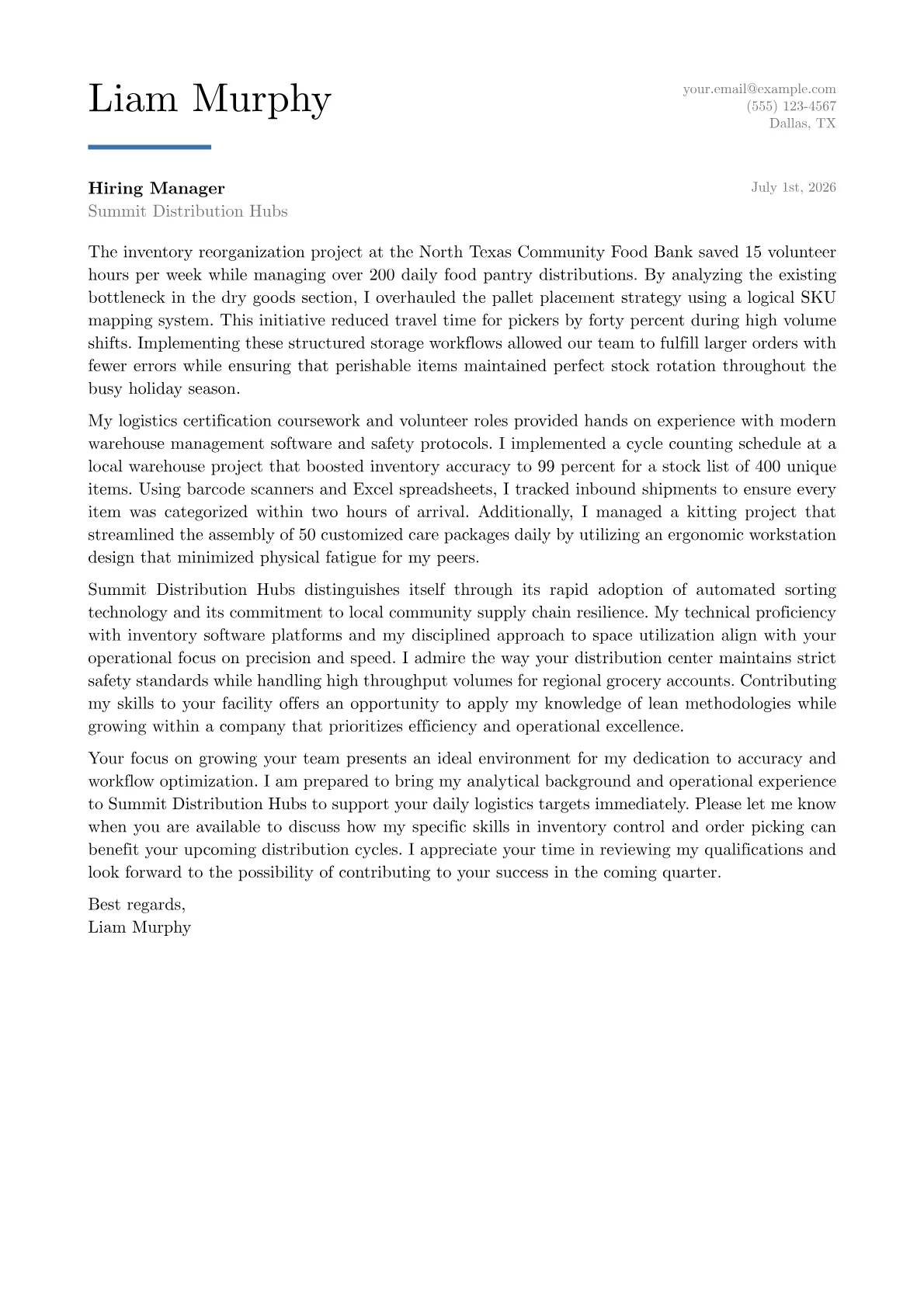 Warehouse Lead cover letter in the Executive design