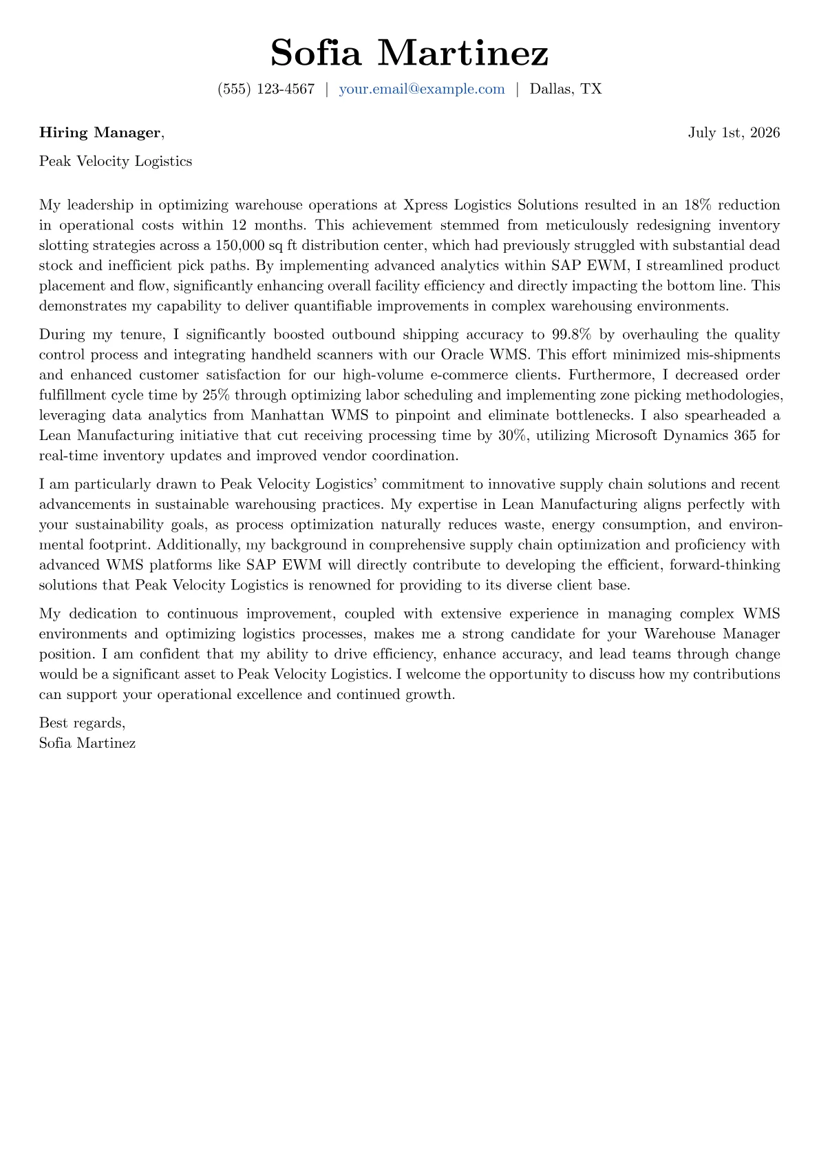 Warehouse Manager cover letter formatted with a JobSprout template