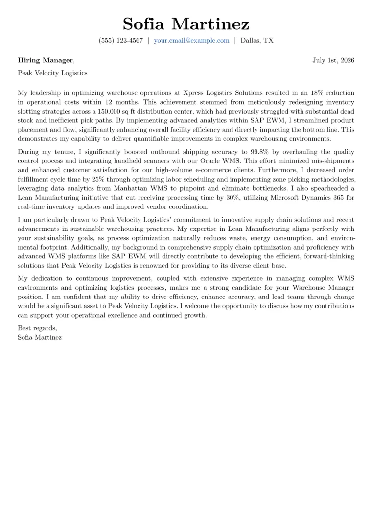 Warehouse Manager Cover Letter Example