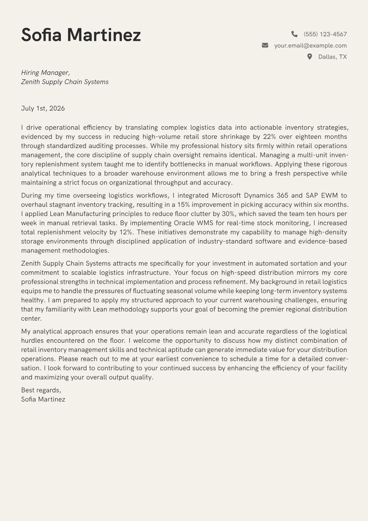 Warehouse Manager cover letter in the Creative design
