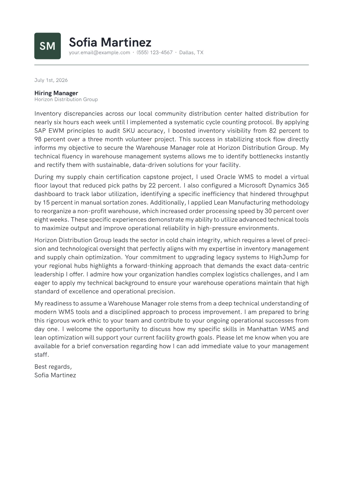 Warehouse Manager cover letter in the Emblem design