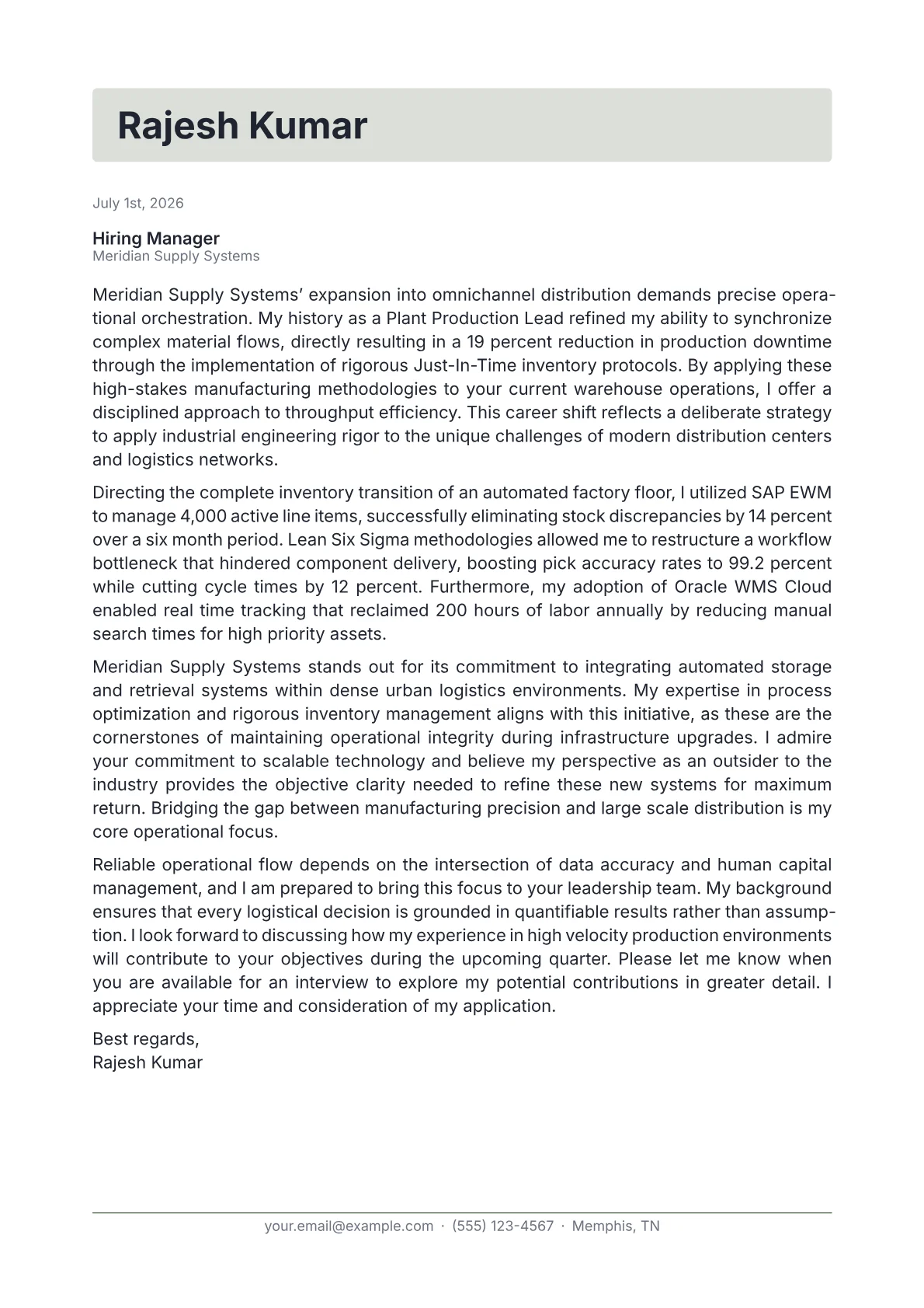 Warehouse Operations Manager cover letter in the Letterhead design