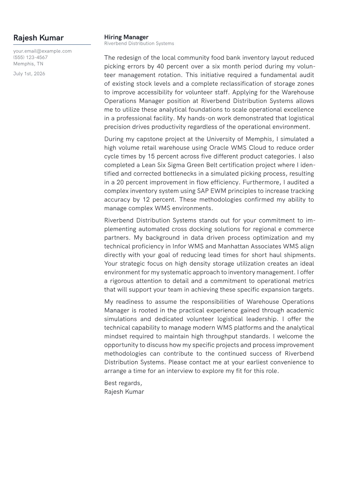 Warehouse Operations Manager cover letter in the Margin design