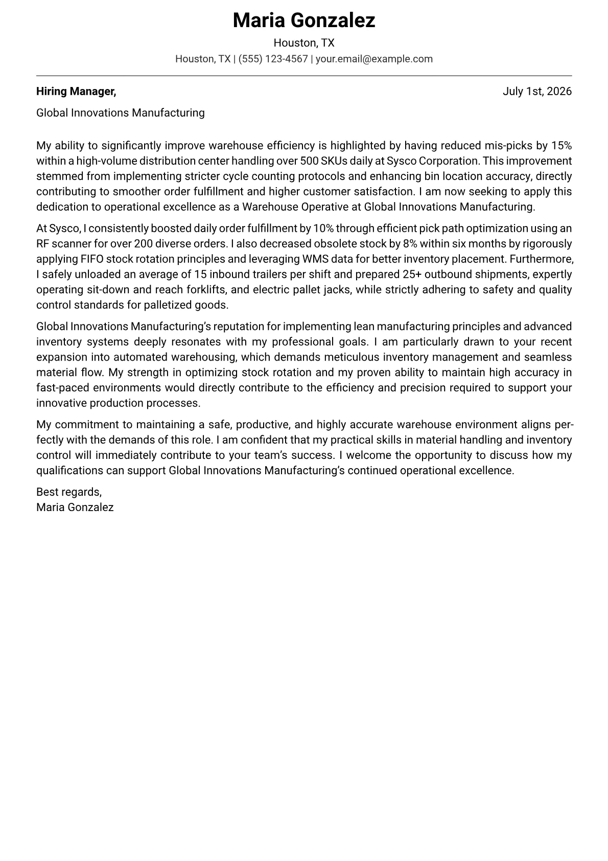 Warehouse Operative cover letter formatted with a JobSprout template