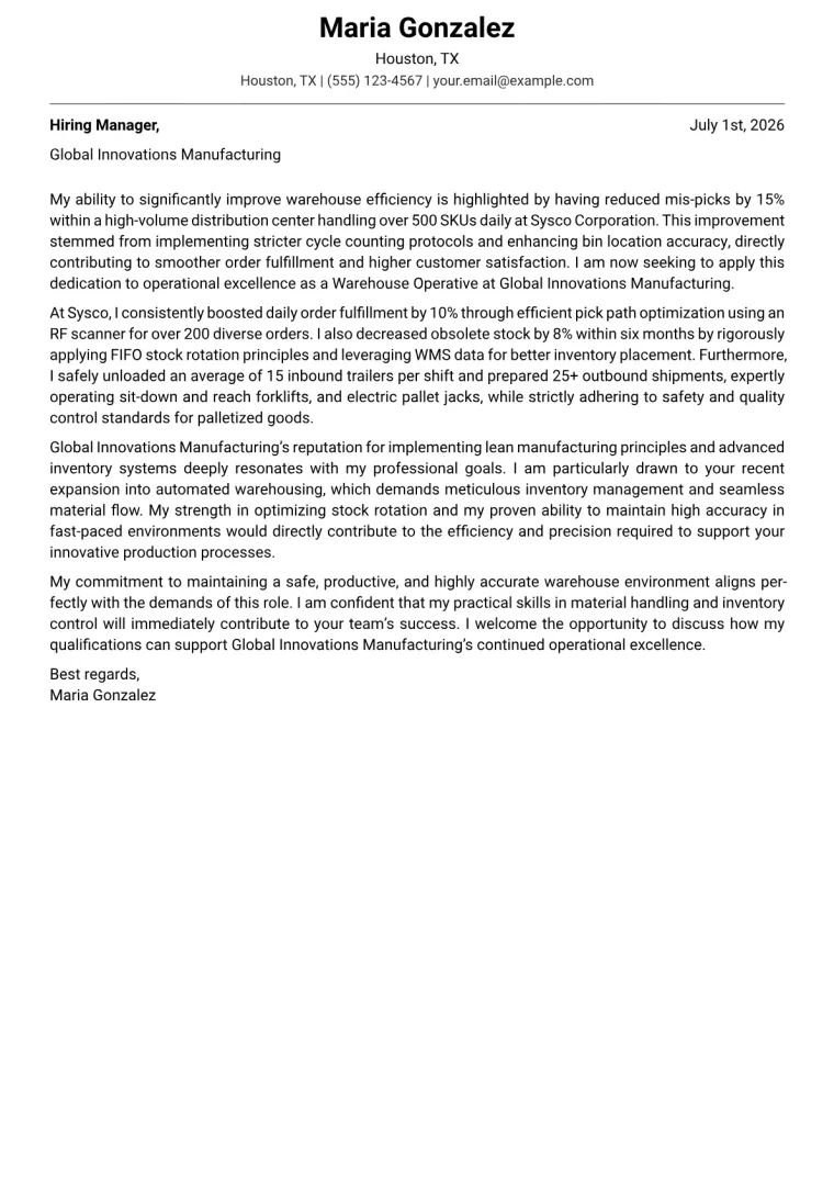 Warehouse Operative cover letter example